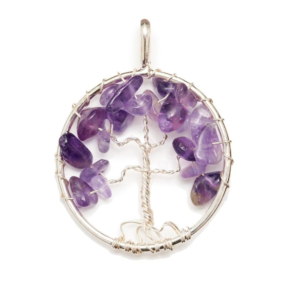 Round Silver Pendant Wire Wrapped Amethyst Tree of Life Fashion Necklace